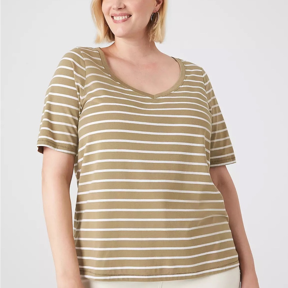 Lane Bryant Perfect Sleeve Olive Striped V-Neck Tee Size 18/20 NWOT